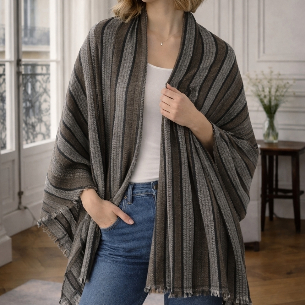 New Nepal 100% Cashmere Gray White Stripes Scarf Shawl